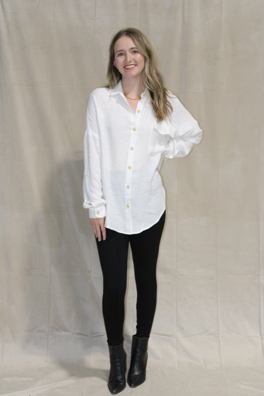White Linen Button Down Top