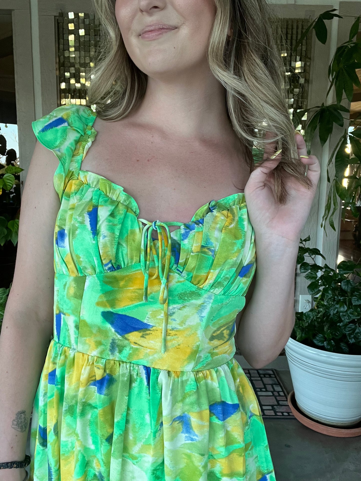 Green Paint Stroke Baby Doll Maxi Dress