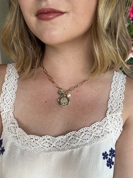 Gold Chain Necklace with Two Tone Coin and Pearl Charms