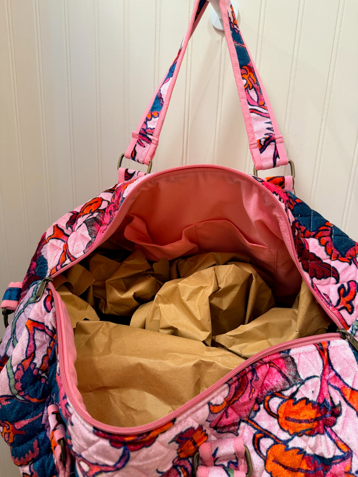 Light Pink Velvet Floral Duffle Bag