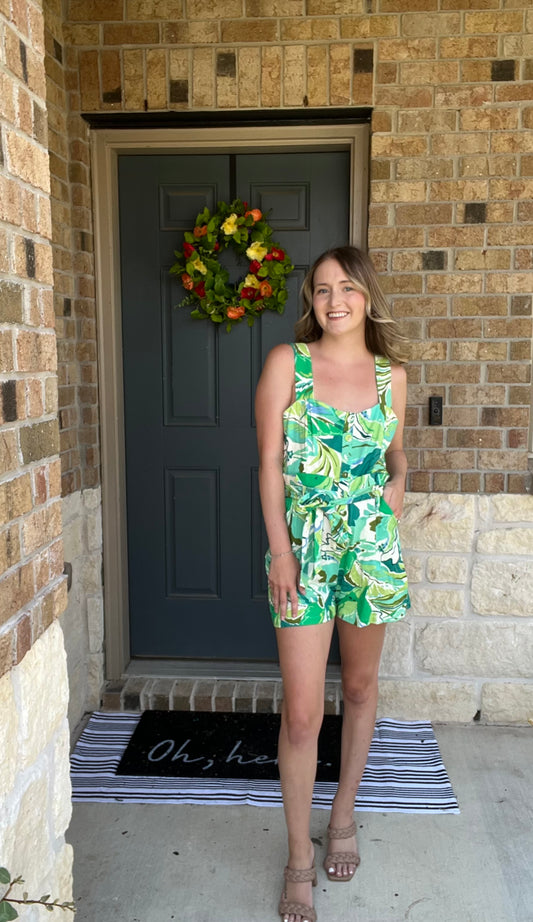 Green Tropical Button Down Romper