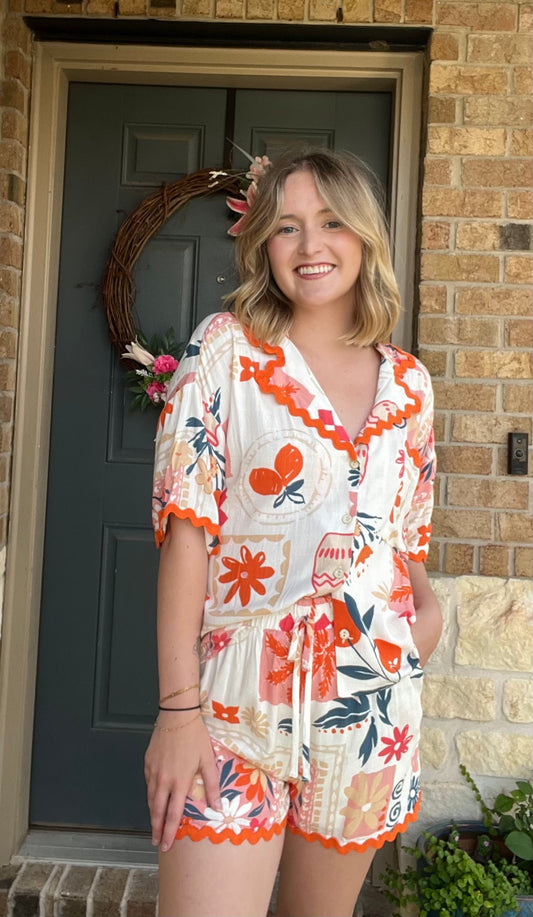 Orange Floral and Fruit Print Wavy Trim Drawstring Shorts