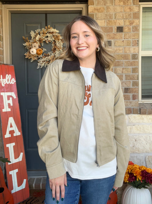Khaki Corduroy Contrast Bomber Zip-up Jacket