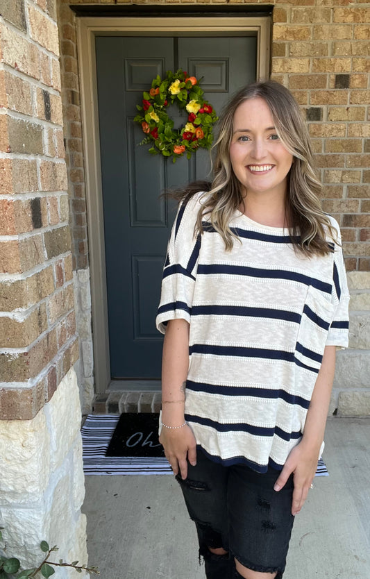 Navy and Cream Striped Knit Relaxed Tee