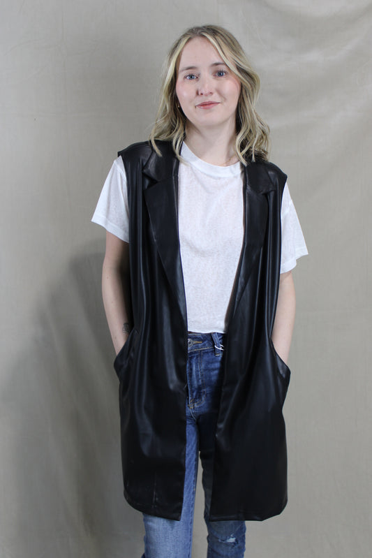 Vegan Leather Long Collared Vest