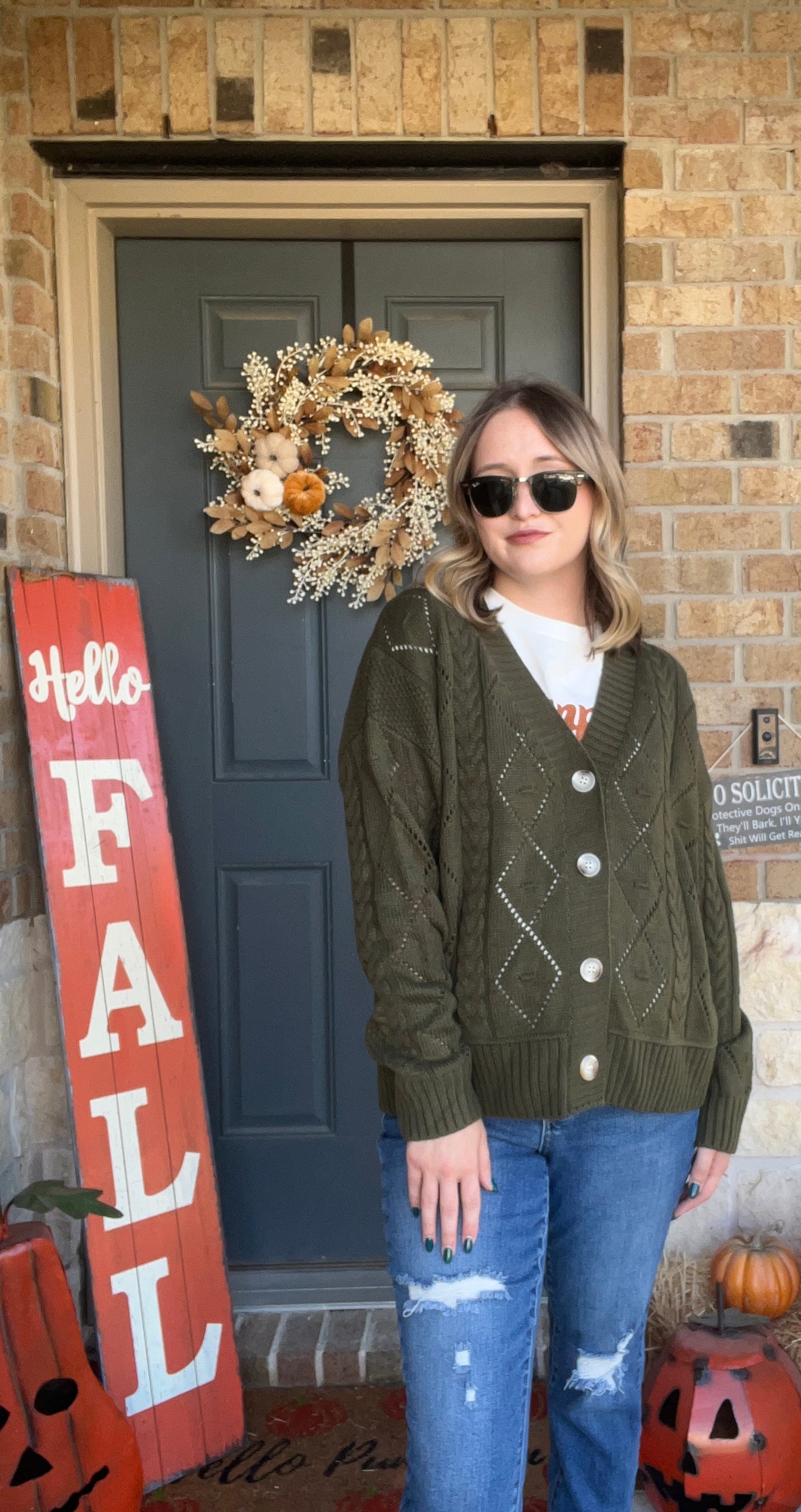 Olive Button Up Cable Knit Cardigan