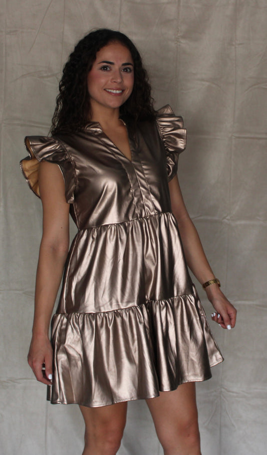 Gold Ruffle Leather Dress