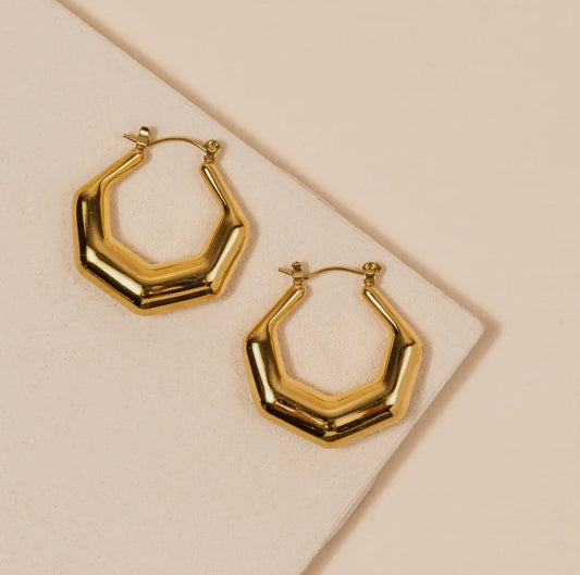 Gold Hollow 18kt Plated Hexagon Hoop Earrings