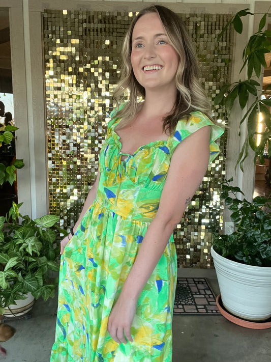 Green Paint Stroke Baby Doll Maxi Dress
