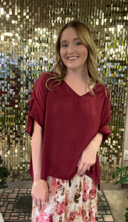 Burgundy Sweet Treat Dolman Sleeve V-Neck Top