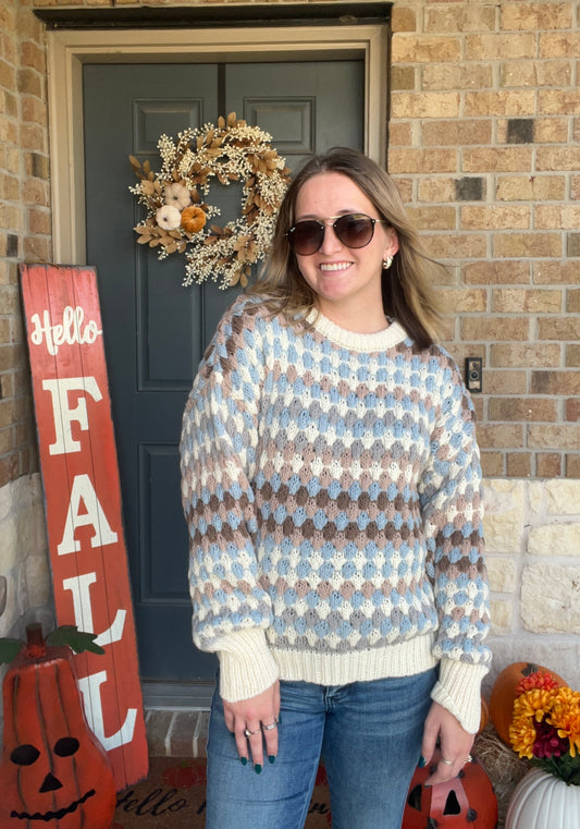 Cream and Blue Multi Crochet Striped Sweater