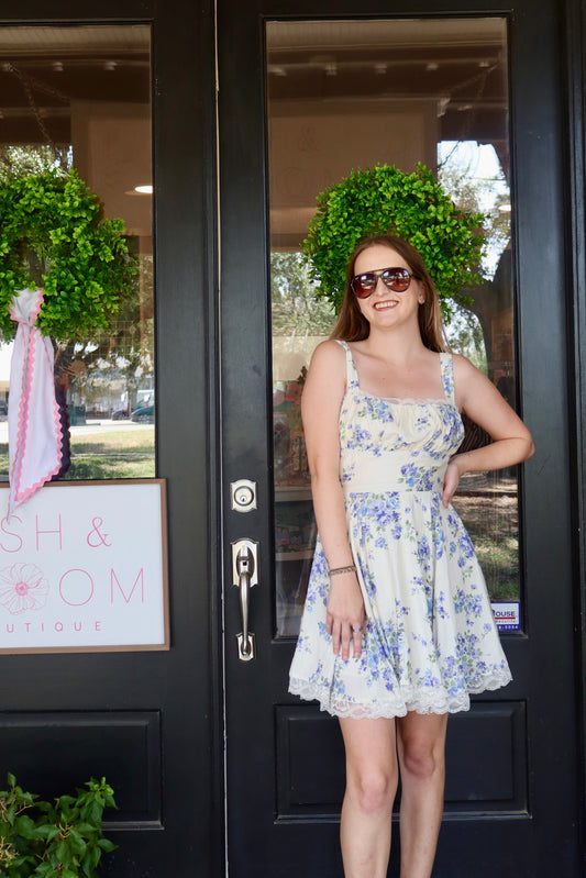 Lilac Blue Floral Sweetheart Mini Dress
