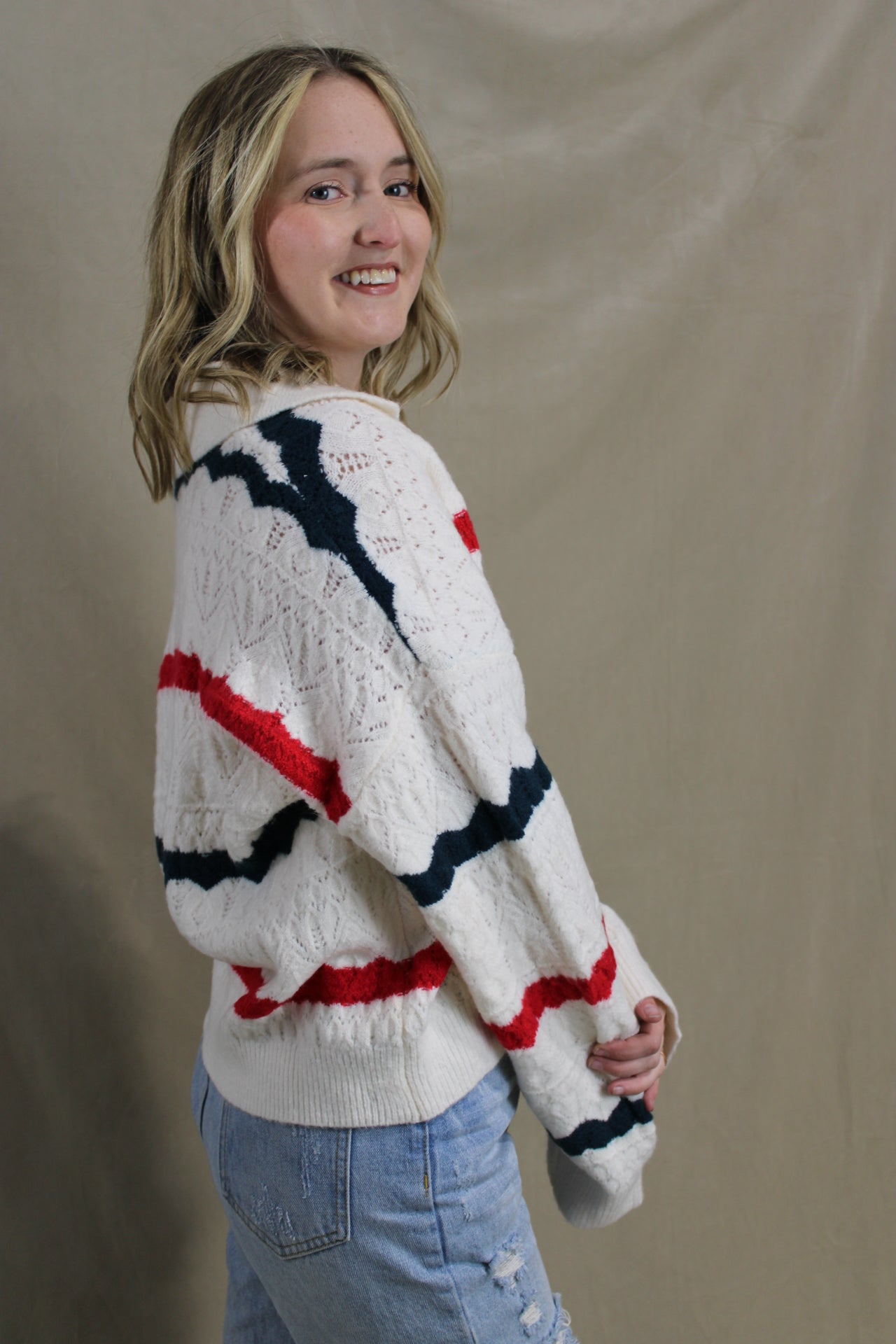 Collared Knit Red and Blue Sweater