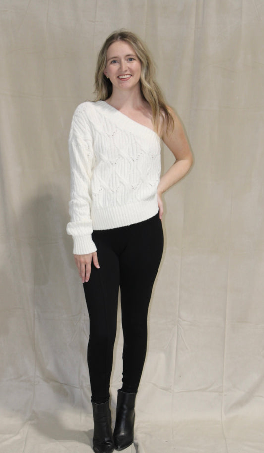 One Shoulder Cable Knit White Sweater