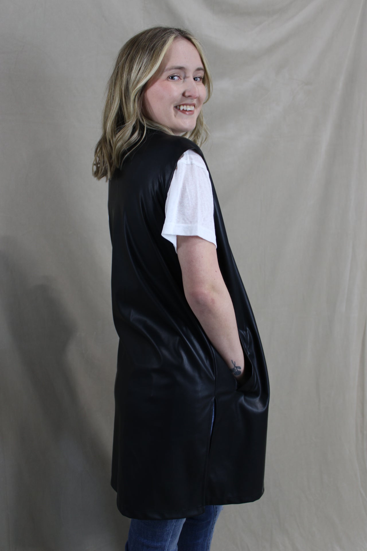 Vegan Leather Long Collared Vest
