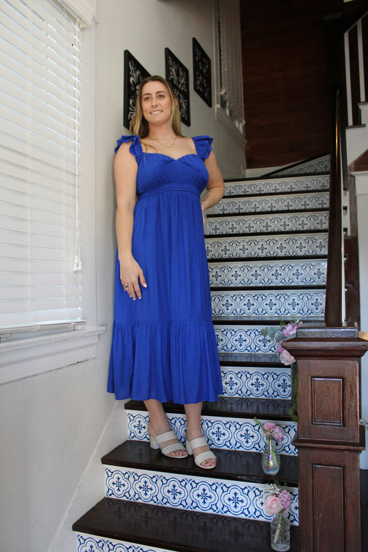 Royal Blue Linen V-Neck Ruffle Midi Dress
