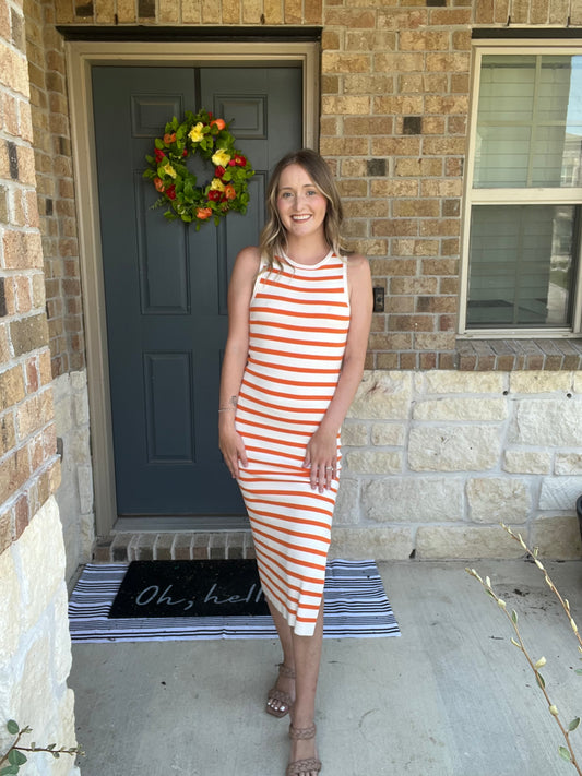 Orange Striped Knit Midi Dress
