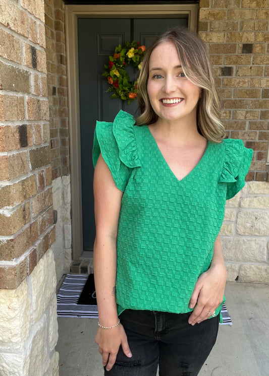 Kelly Green Checker Pattern Ruffle Sleeve Top