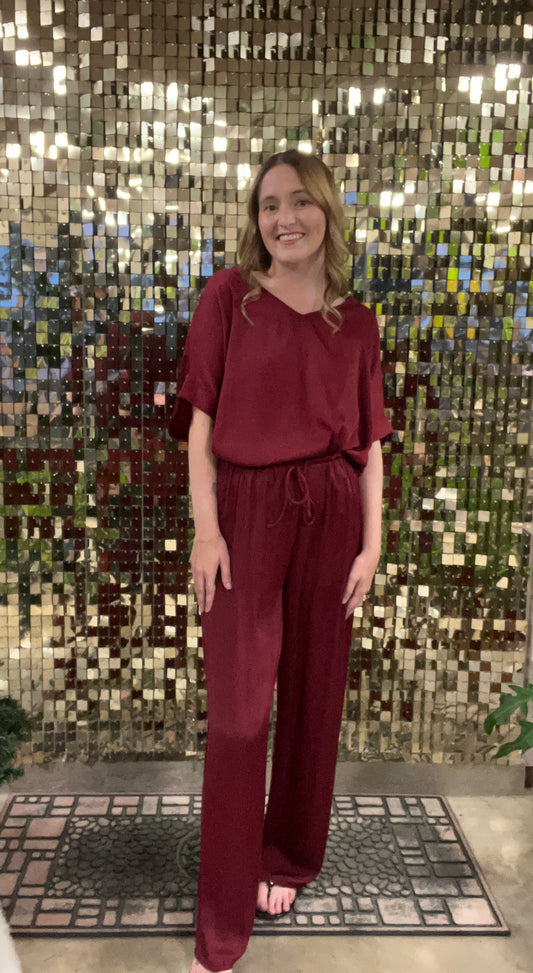 Burgundy Sweet Treat Drawstring Straight Leg Satin Pants