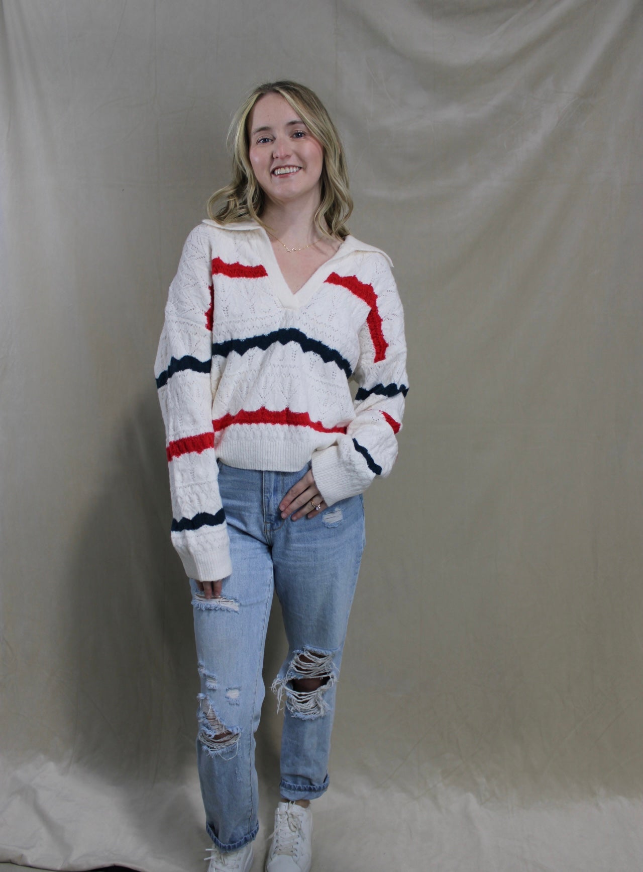 Collared Knit Red and Blue Sweater