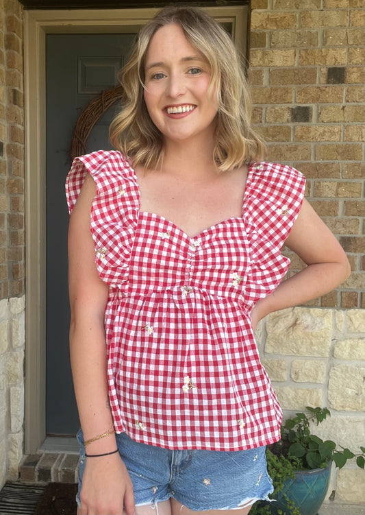 Red Gingham Floral Print Sleeveless Top