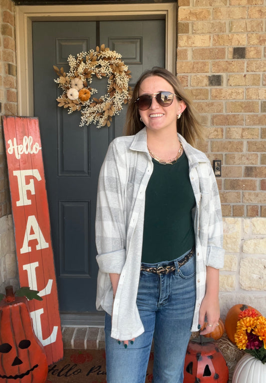 Light Grey and White Super Soft Plaid Button Down Top