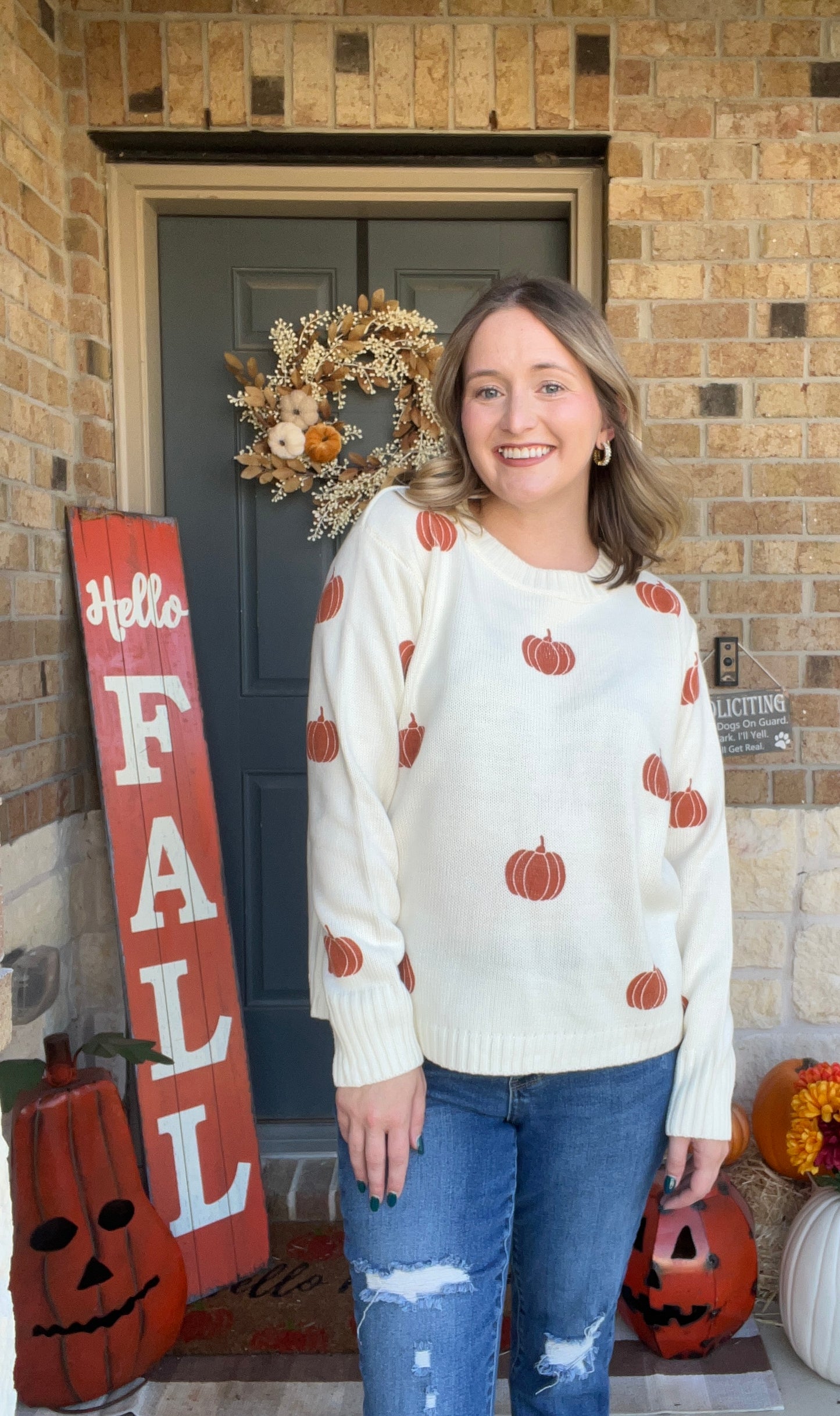 Cream Pumpkin Stamped Crewneck Sweater
