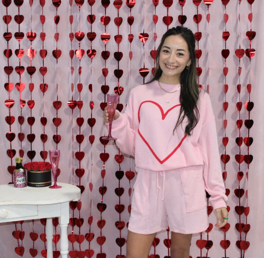 Ribbed Ballet Pink Heart Long Sleeve Top