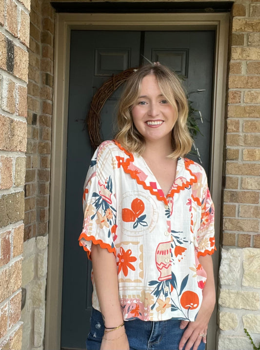 Orange Floral and Fruit Print Wavy Trim Collared Shirt