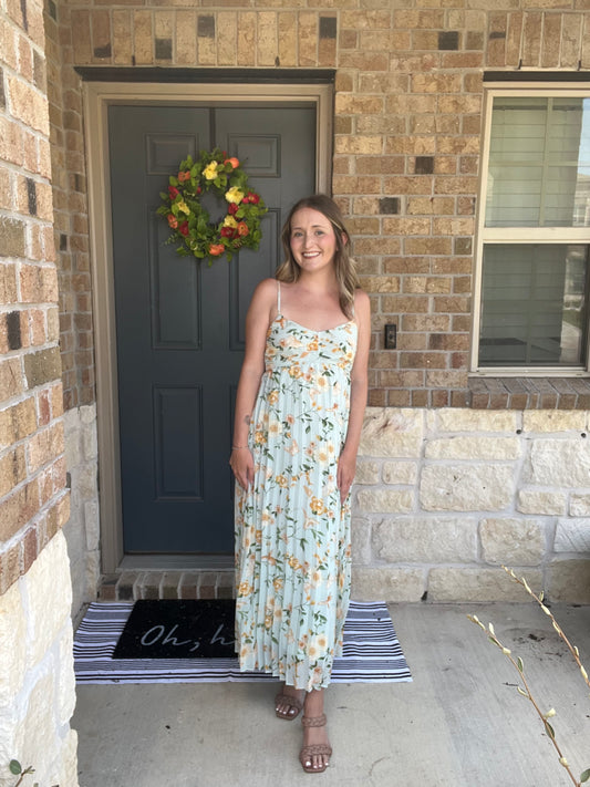 Light Sage Fluted Floral Maxi Dress