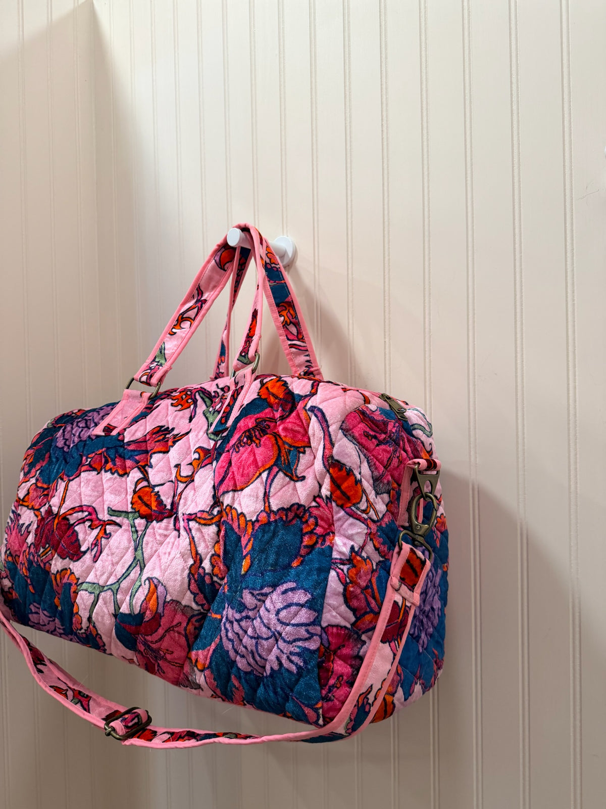Light Pink Velvet Floral Duffle Bag