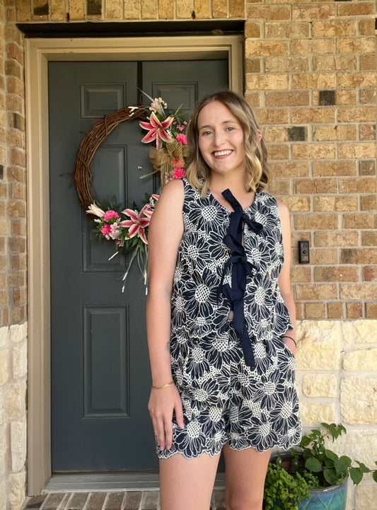 Navy White Floral Embroidered Bow Tie Front Top