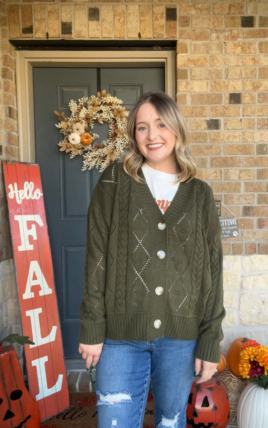 Olive Button Up Cable Knit Cardigan