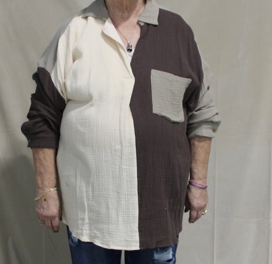 Linen Color Block Button Down Top