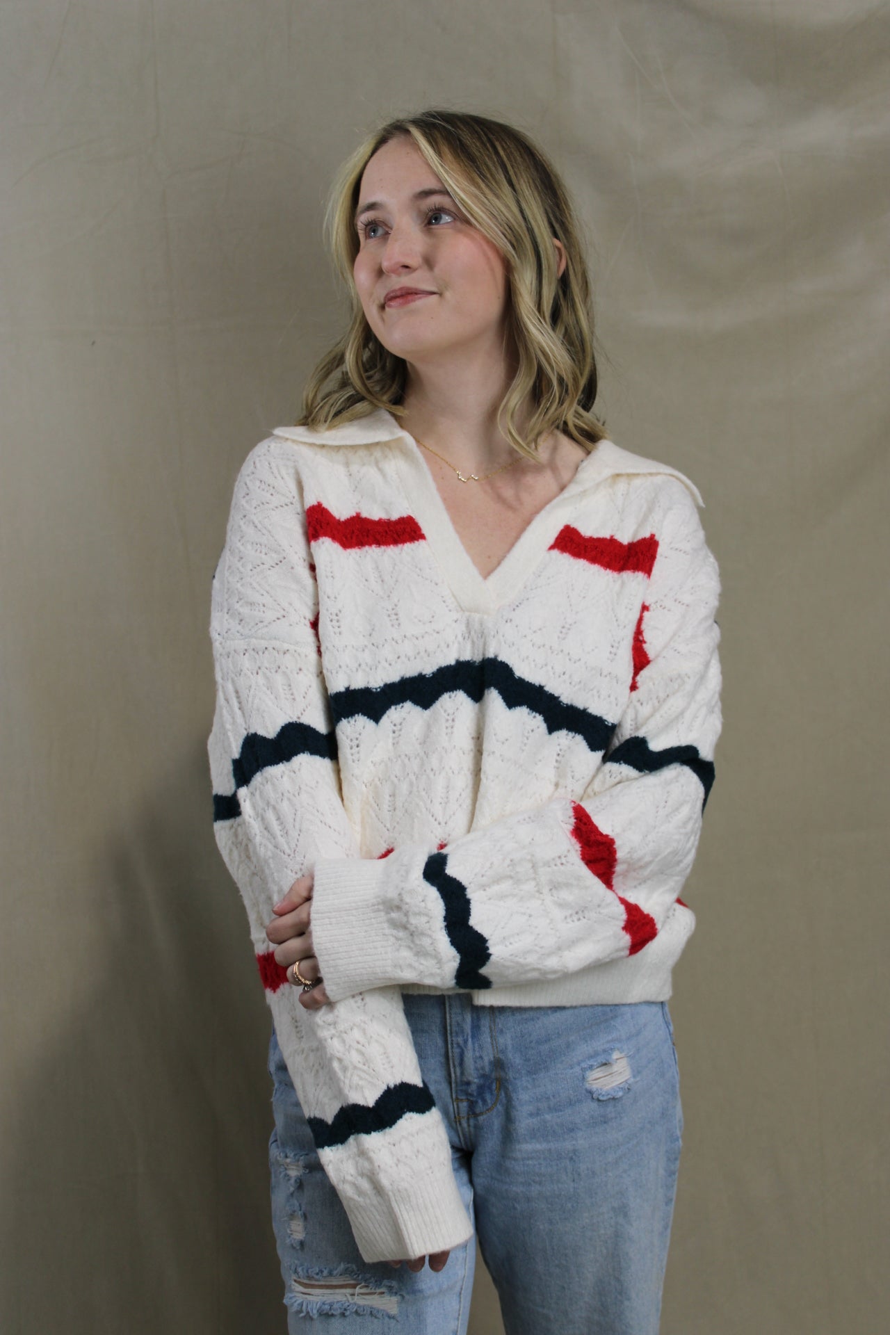 Collared Knit Red and Blue Sweater