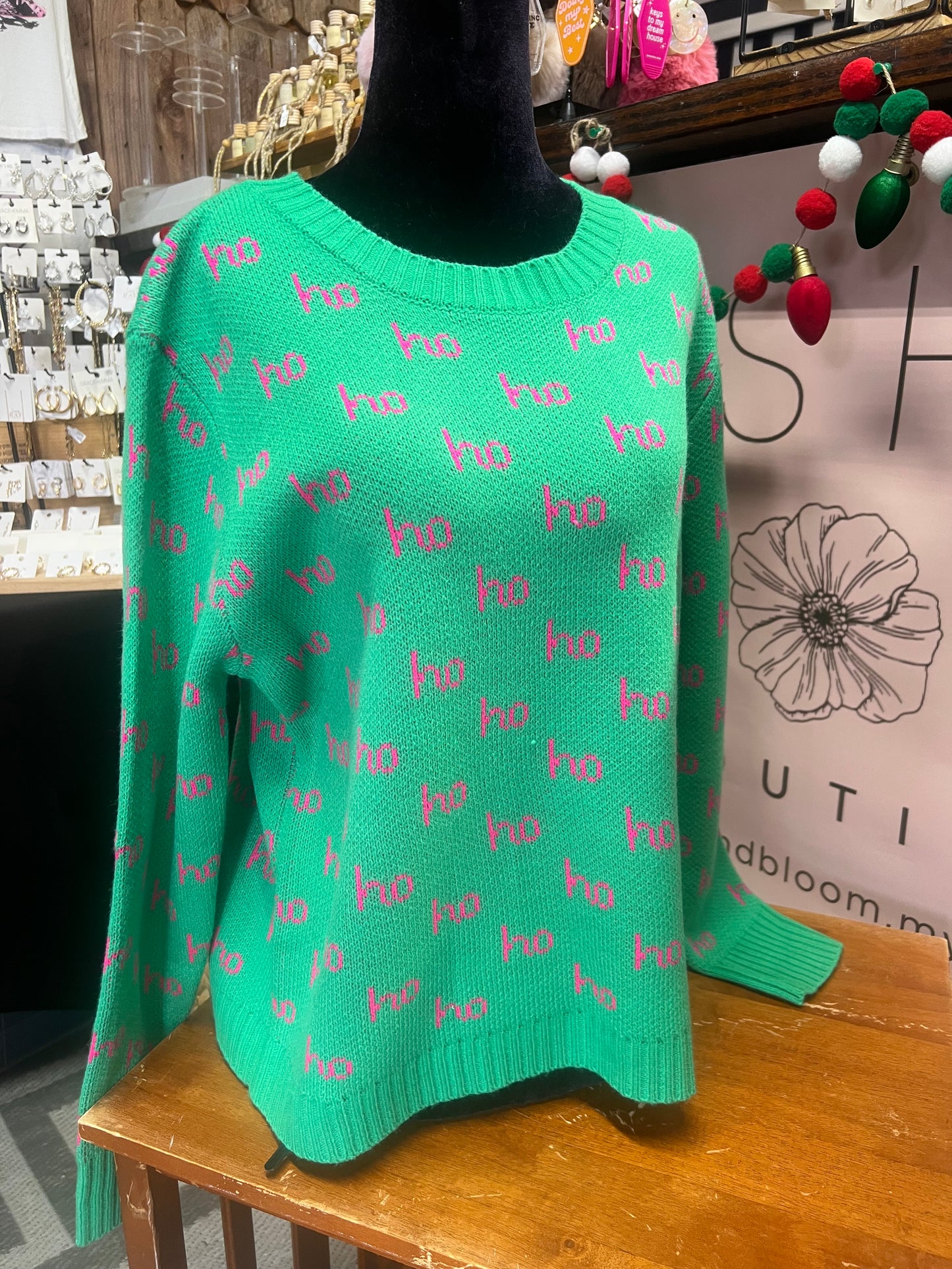 Green "Ho Ho Ho" Embroidered Knit Sweater