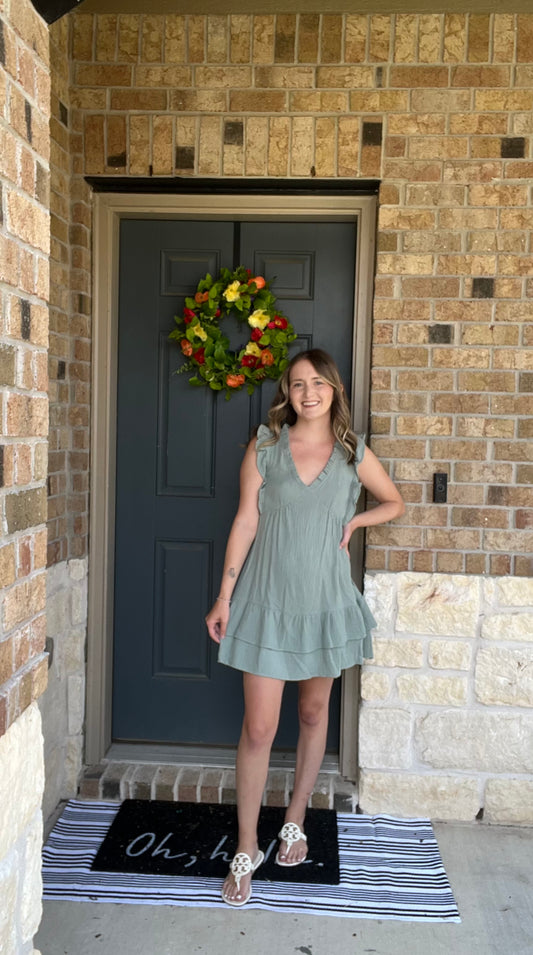 Sage Ruffle Cotton Sleeveless Dress