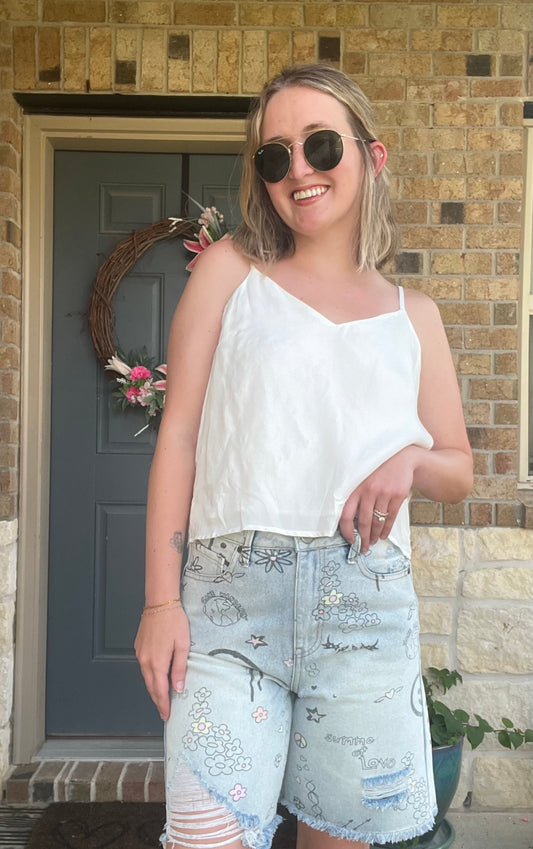 Washed Denim Hippie Printed Long Denim Shorts