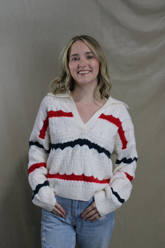 Collared Knit Red and Blue Sweater
