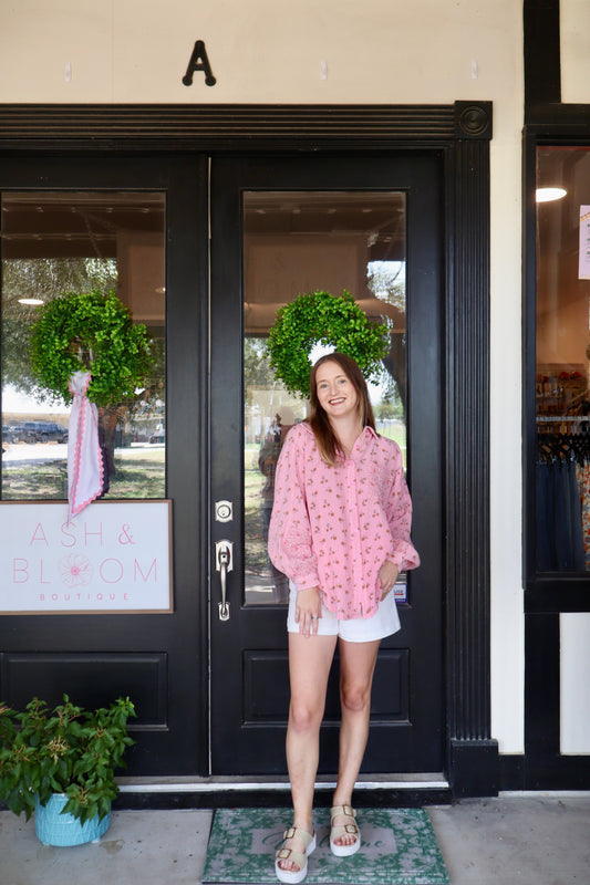 Cotton Candy Mixed Floral Pattern Button Up Top