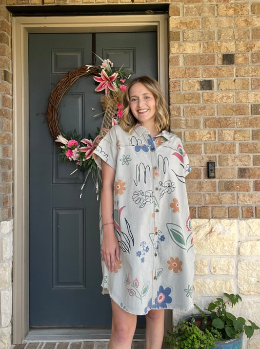 Grey Denim Short Sleeve Printed Button Down Dress