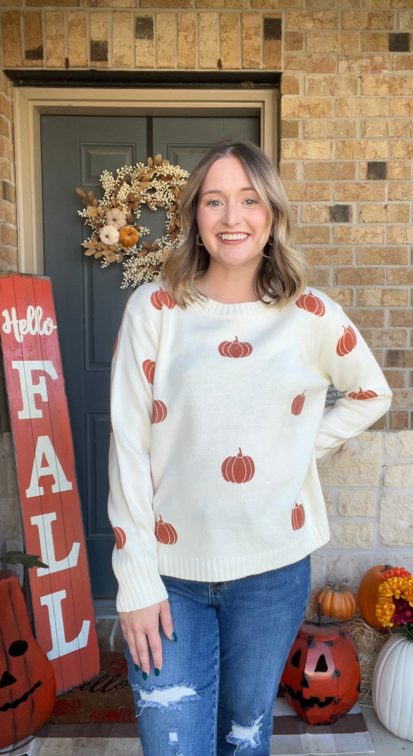 Cream Pumpkin Stamped Crewneck Sweater
