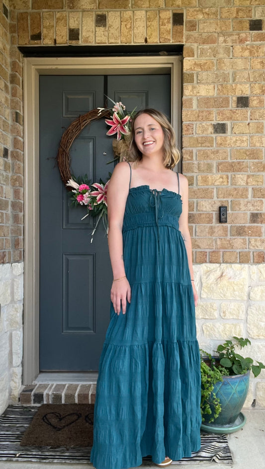 Emerald Green Tiered Sleeveless Tie Front Maxi Dress