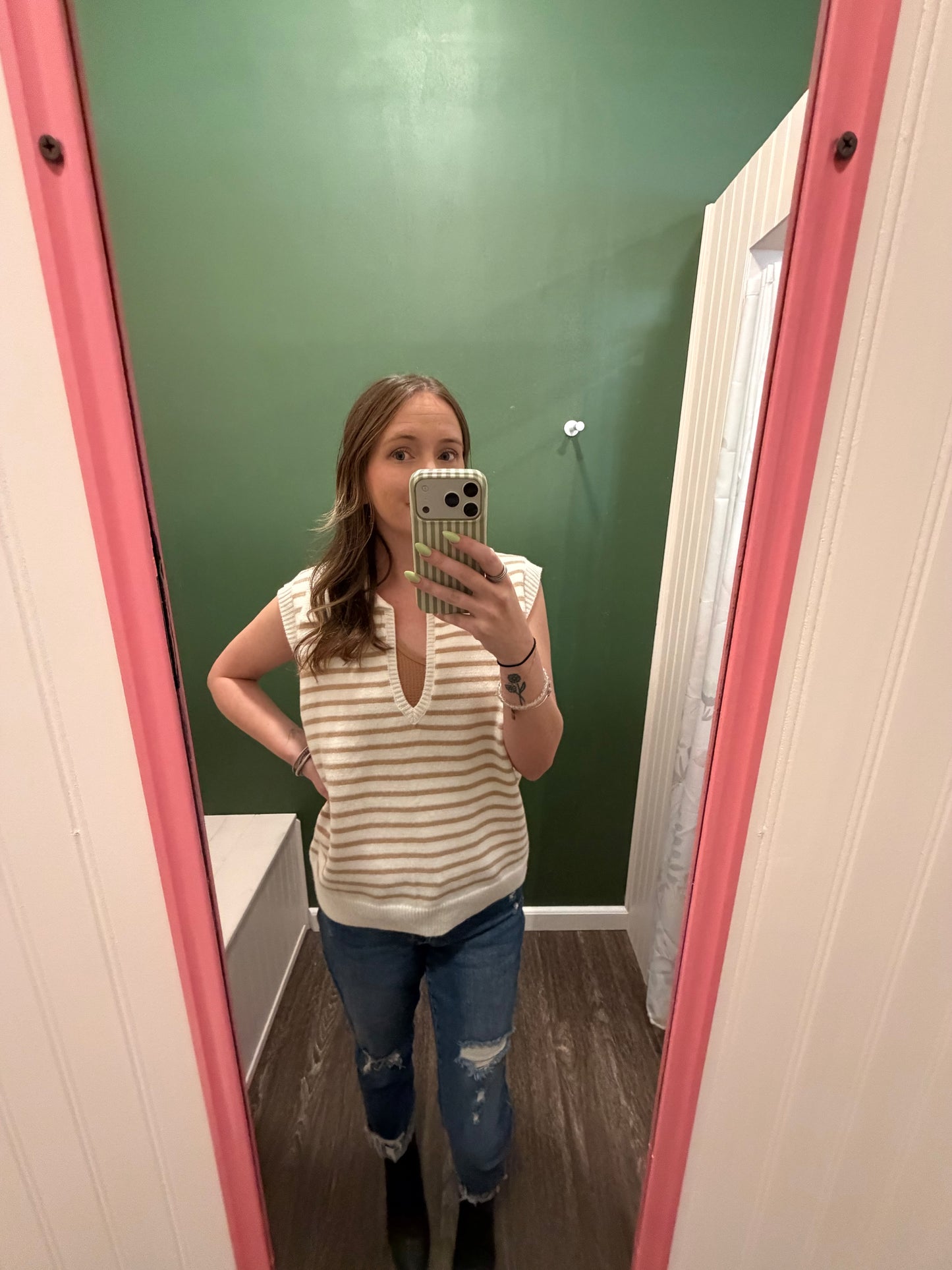 Cream and Beige Striped Sweater Vest