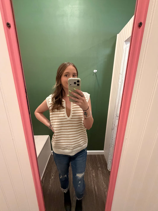 Cream and Beige Striped Sweater Vest