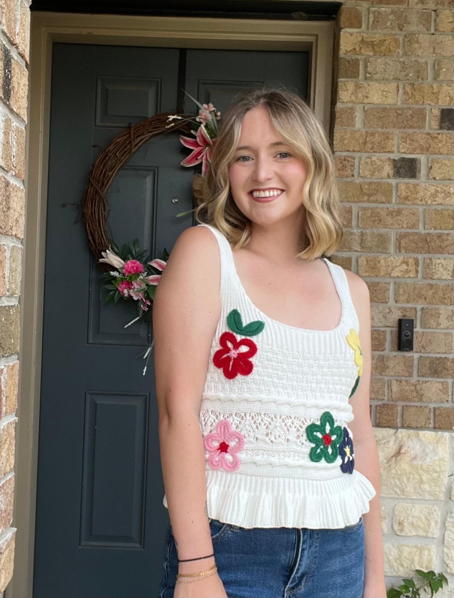 Ivory Embroidered Floral Scoop Neck Ruffle Hem Knit Top