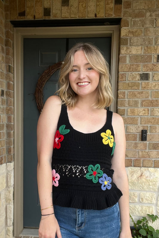 Black Embroidered Floral Scoop Neck Ruffle Hem Knit Top