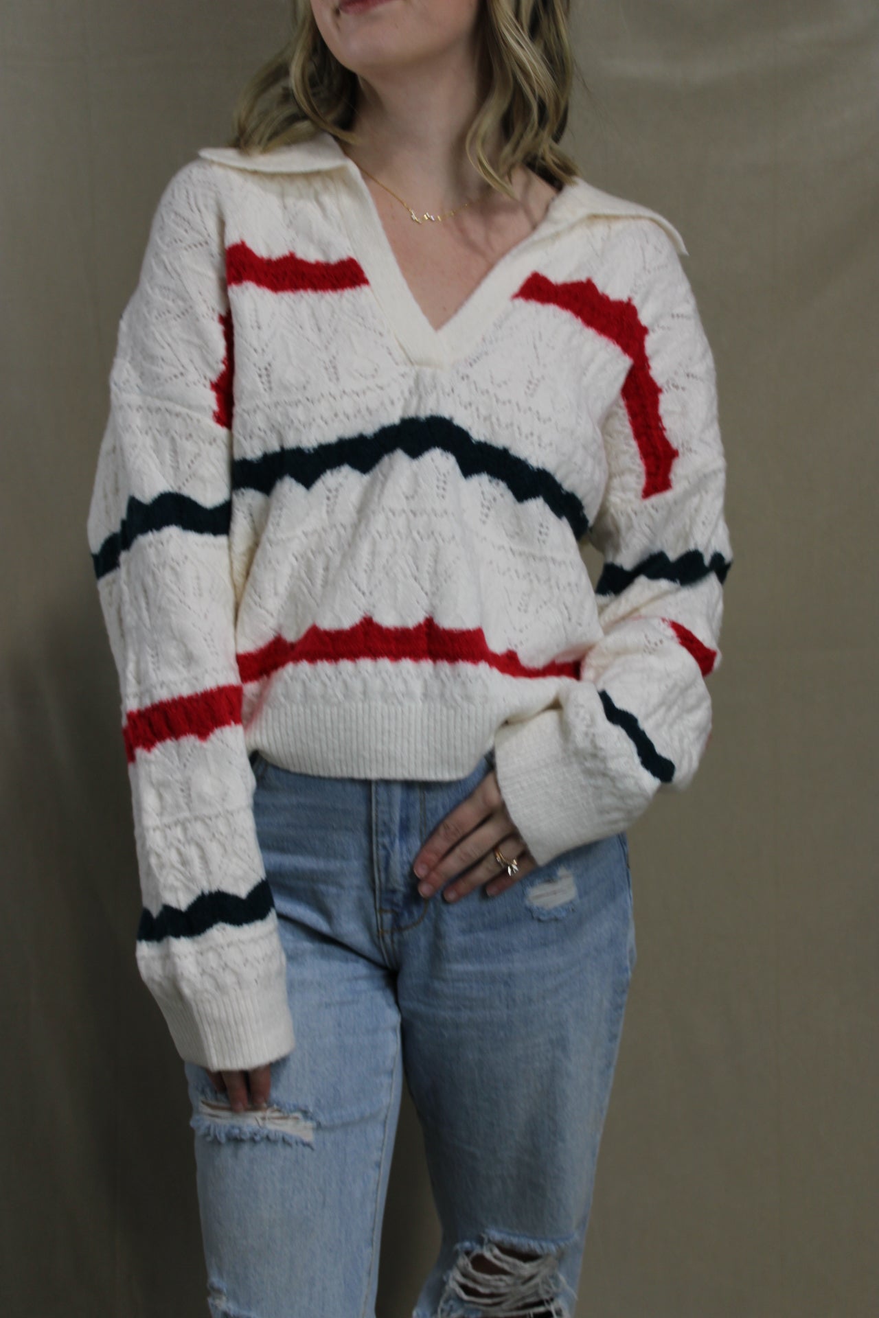 Collared Knit Red and Blue Sweater