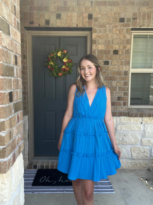 Electric Blue Fluted Ruffle Tie Back Dress
