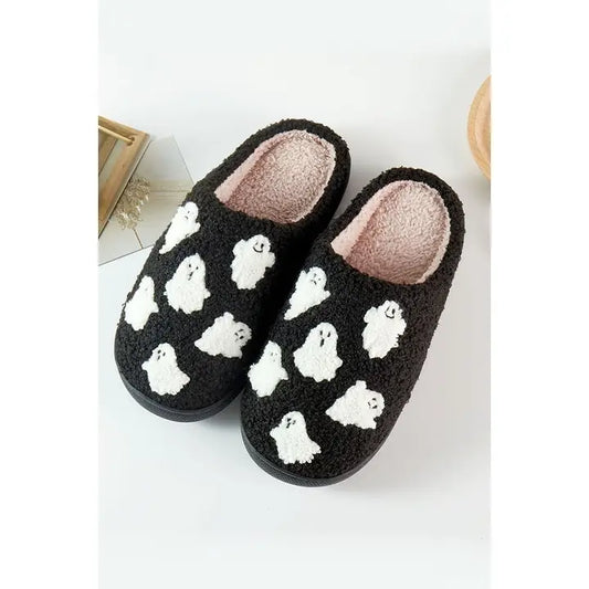 Black Fuzzy Ghost House Shoes